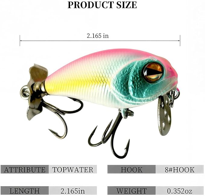 Top Water Fishing Lures with Metal Bubble Baffle & Tail Propeller - Saltwater & Freshwater Bass Trout Lures - 3D Eyes & Lifelike Scales - ABS Body