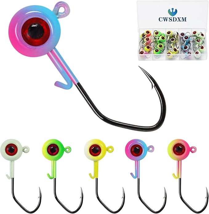 Painted Crappie Jig Heads 3D Eyes Fishing Hooks with Wire Keeper Lures for Crappie Panfish Bass Fishing Jig Hooks Assortment 1/16 oz 1/8 oz 3/16oz 3/8 oz 1/4 oz