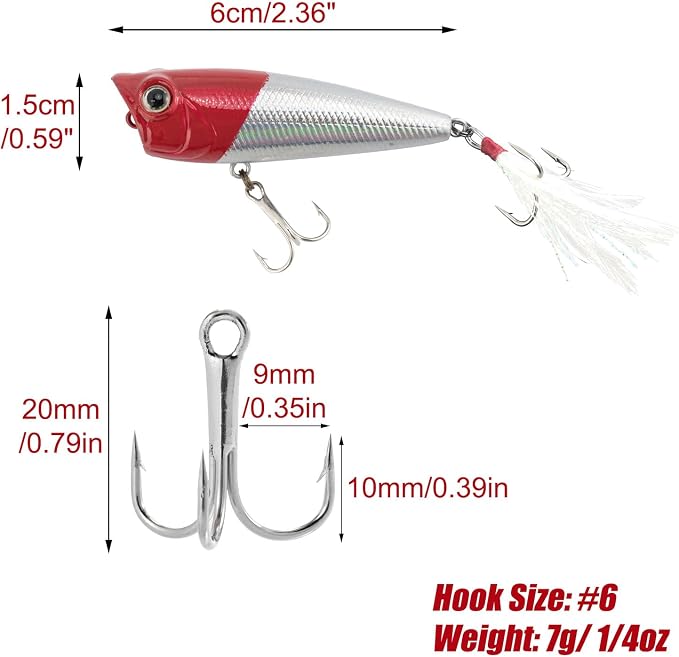 Alwonder 5-Pack Fishing Popper Lure, Fishing Top Water Lures Bass Lures Feathered Treble Hooks Rooster Tail Lure Plugs Hard Baits