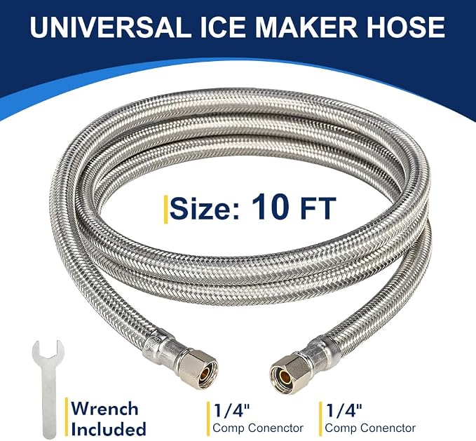 10ft Ice Maker Water Line Stainless Steel Braided – Flexible Refrigerator Water Supply Tube with 1/4" Quick Connect Fitting, Universal Fit