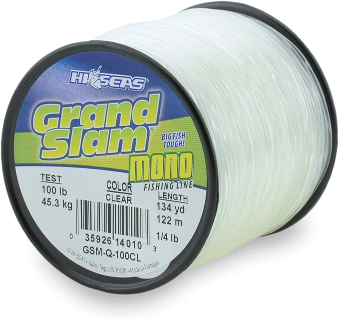 HI-SEAS Grand Slam Monofilament Fishing Line - Strong & Abrasion Resistant in Clear, Pink, Green, Smoke Blue, Fluorescent Yellow Freshwater & Saltwater – Quarter Pound Spool