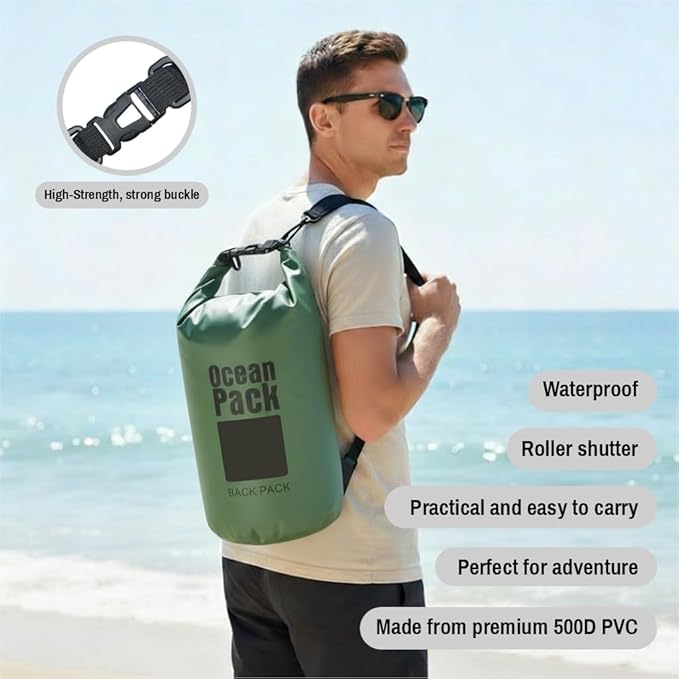 Waterproof Dry Bag Set of 3 (15L 20L 30L) - PVC Roll Top Dry Bags Waterproof - Backpack for Kayaking, Camping, Beach & Travel (Military Green)