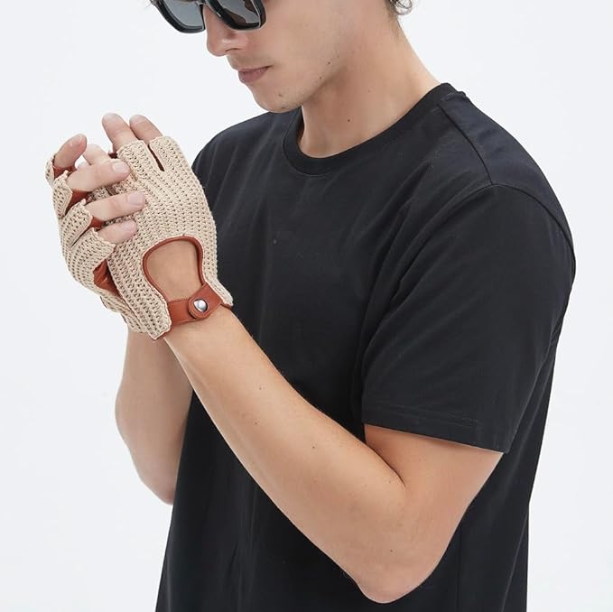 Fingerless Driving Gloves for Men– Soft Lambskin Leather, Crochet String Back