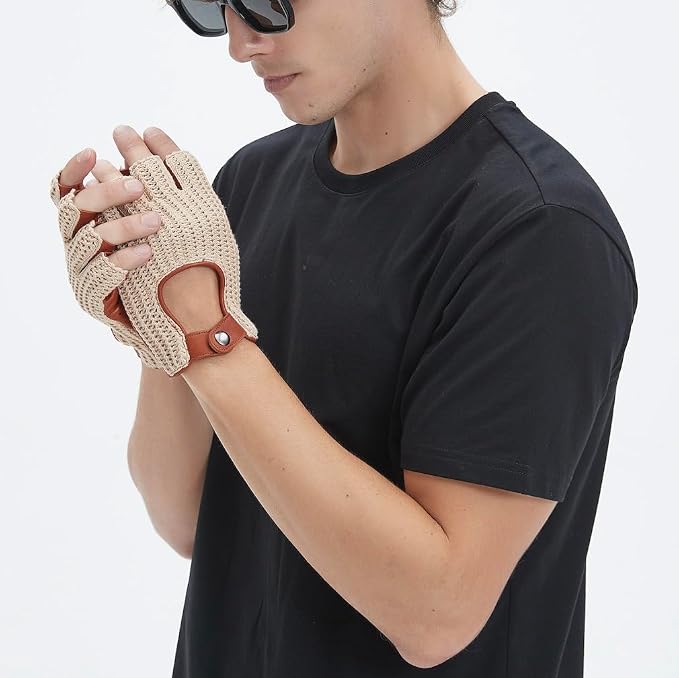 Fingerless Driving Gloves for Men– Soft Lambskin Leather, Crochet String Back