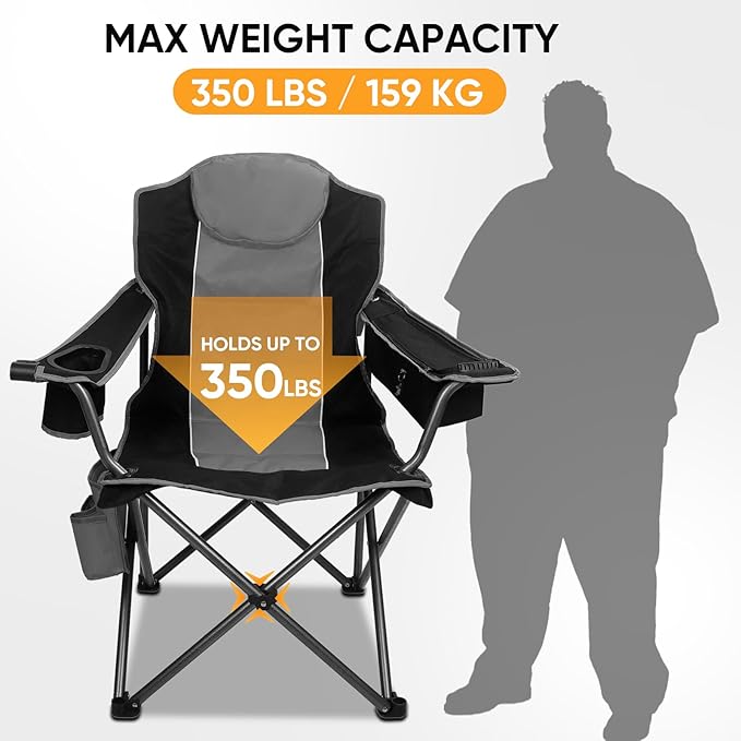 Colorsoul Oversized Camping Chair, Padded Portable Camping Chairs with Cup Holder, Cooler Bag and Shoulder Straps, Heavy Duty Outdoor Folding Chair for Camping, Beach, Fishing, Support 350 LBS, Black
