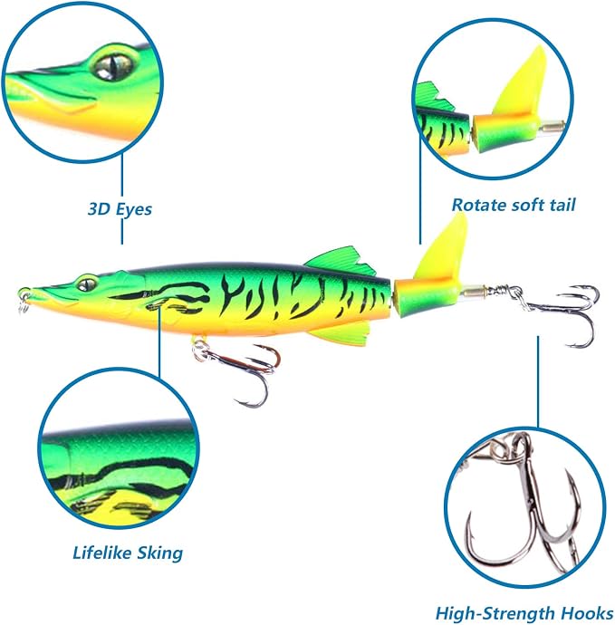 6PCS Top Water Whopper Fishing Lure 5.1 inch, Bass Popper Lure kit, Topwater Fishing Lures with Rotating Tail, Floating Popper for Crappie Walleye Catfish Pike Perch, Freshwater Or Saltwater