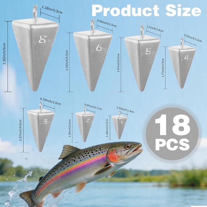 Pyramid Sinkers Fishing Weights Assortment Kit, 18 Lead Pyramid Sinkers 1oz 2oz 3oz 4oz 5oz 6oz 8oz with 2 Sinker Slides, Surf Fishing Weights for Saltwater Bottom Fishing Rigs