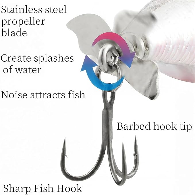 Top Water Fishing Lures with Metal Bubble Baffle & Tail Propeller - Saltwater & Freshwater Bass Trout Lures - 3D Eyes & Lifelike Scales - ABS Body