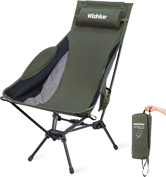 Wildhiker Portable Compact Folding Camping Chairs – Lightweight High Back with Pillow, Deep Recline, ArmPads, Side Pockets-for Motorcycle, RV, Backpacking, Travel, Festival – Black