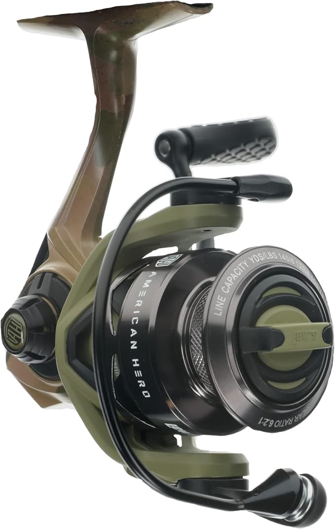 Lew's American Hero Tier 1 Spinning Fishing Reel, 6.2:1 Gear Ratio, Right or Left-Hand Retrieve, Aluminum Frame, Premium 11 Bearing System, Multicam