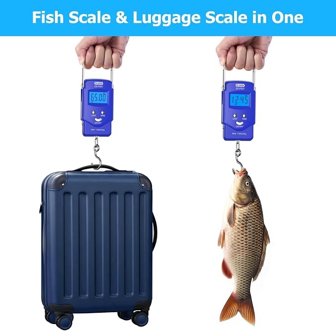 Dr.meter Fish Scale Luggage Scale Fishing Gear - 110lb Backlit LCD Display Digital Scale with Built-in Measuring Tape - Fishing Scale with 2 AAA Batteries, Pocket Size - Fishing Gifts for Men