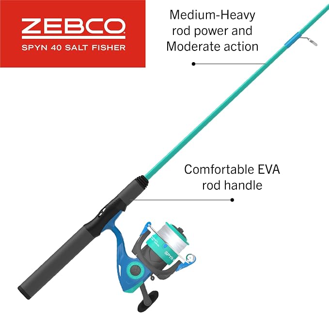 Zebco Spyn 40 Salt Fisher Spinning Reel and Fishing Rod Combo, 6-Foot 6-Inch 2-Piece Telescopic Rod, Size 40 Reel, 7-Piece Strike King Tackle Kit