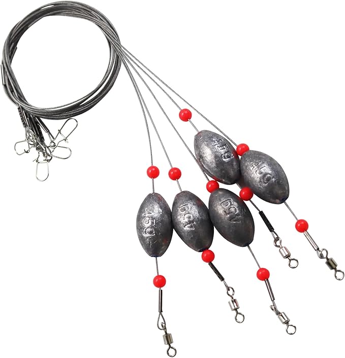 Fishing Egg Sinker with Soft Plastic Core Weight Rigs 5pcs Flounder Rig Saltwater,176.37lb Fishing Wire Leader with Egg Sinker Swivels Snap, Grouper Bottom Fishing Rigs