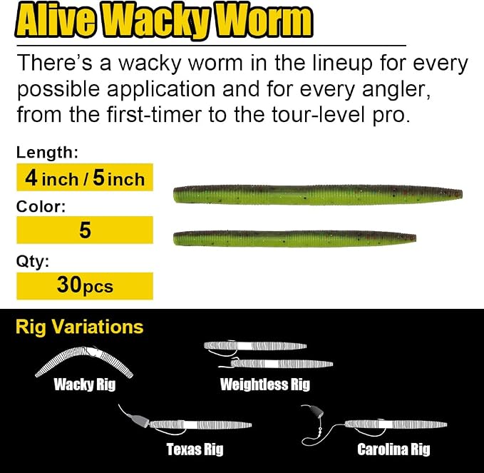 Wacky-Worms-Bass-Fishing-Lure-Kit-Wacky-Rig-Worms-Soft-Plastic-Stick-Baits3 4" 5" 6 inch