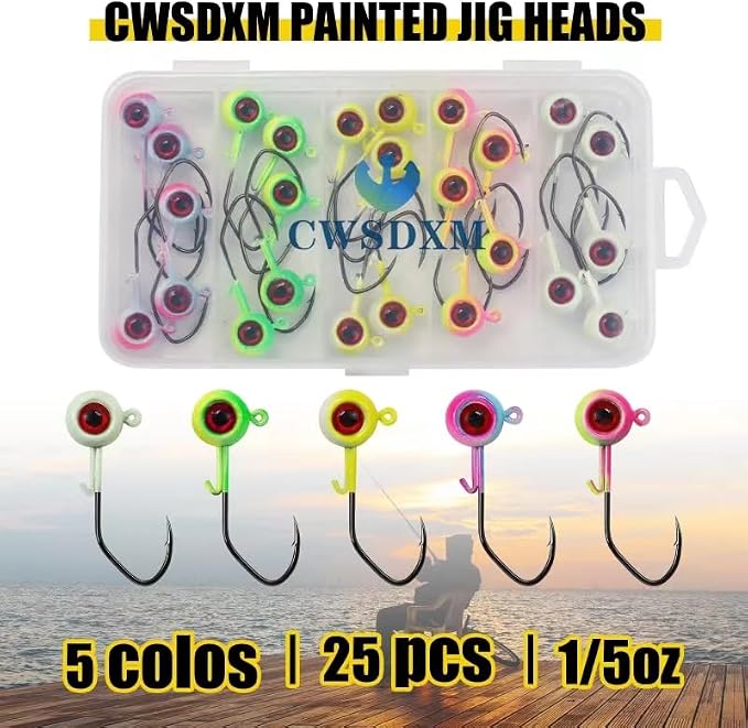 Painted Crappie Jig Heads 3D Eyes Fishing Hooks with Wire Keeper Lures for Crappie Panfish Bass Fishing Jig Hooks Assortment 1/16 oz 1/8 oz 3/16oz 3/8 oz 1/4 oz