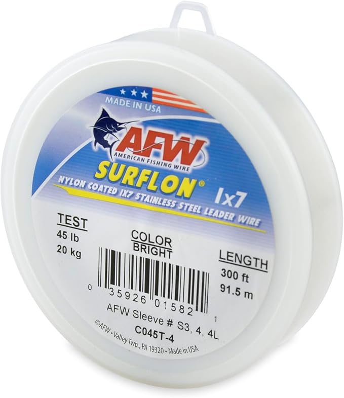 American Fishing Wire Surflon Nylon Coated 1x7 Stainless Steel Wire Leader - Wire Fishing Leader Line for Saltwater 10lb Up To 250lb Test in Bright, Black, Camo in 30ft, 100ft, 300ft, & 1000ft Lengths
