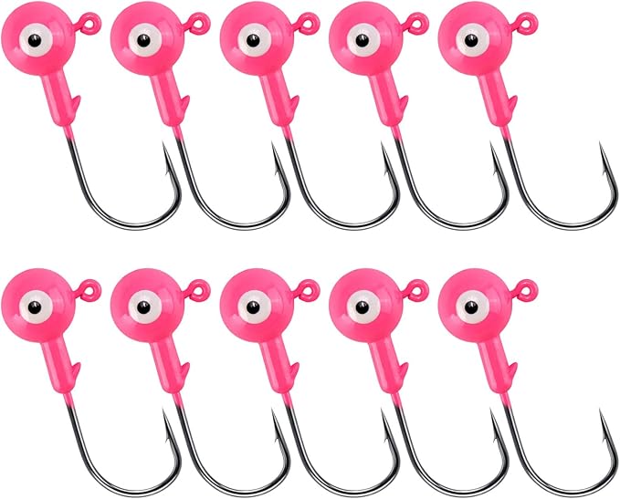 Alwonder 10-Pack Round Fishing Jig Heads, Bass Ball Jigs Hooks 3D Eyes High Carbon Steel 1/8-1/2OZ Pompano Jig Head Saltwater Freshwater Jigs Heads for Fishing Pompano Bass Trout Walleye Striper