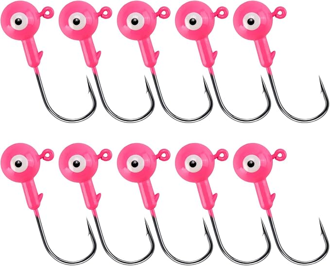 Alwonder 10-Pack Round Fishing Jig Heads, Bass Ball Jigs Hooks 3D Eyes High Carbon Steel 1/8-1/2OZ Pompano Jig Head Saltwater Freshwater Jigs Heads for Fishing Pompano Bass Trout Walleye Striper