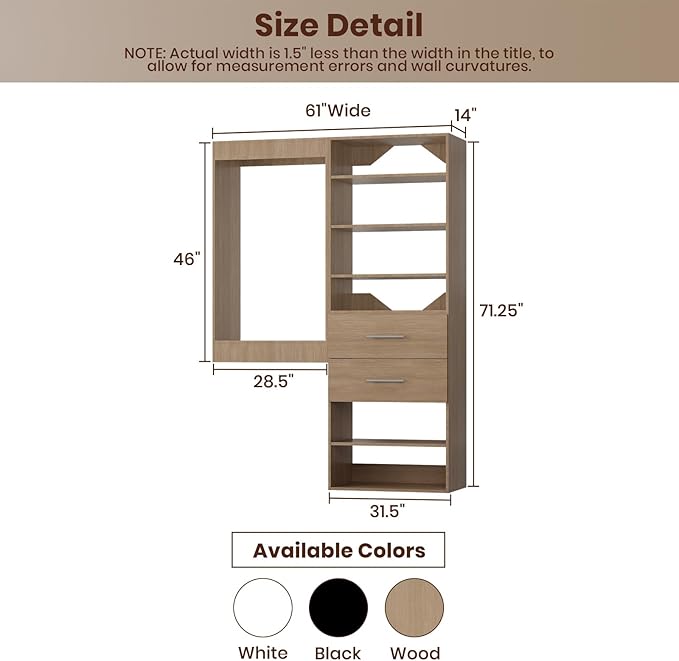 ROOMTEC Modular Closet System, 61" Wall Mounted Closet Organizer with Hanging Rods and Drawers, Wooden Tower for Walk-In Closets, Wardrobe Storage Kit, Wood