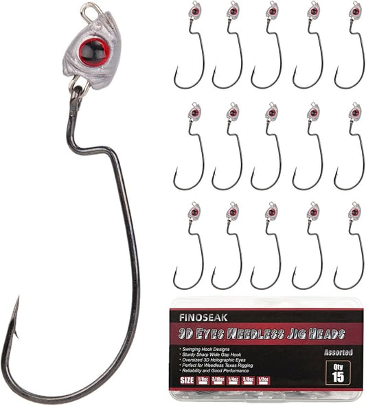 Vivid Fish Eyes Swimbait Jig Heads for Fishing, 15Pcs Swing Bass Jigheads Lifelike Weedless Jig Heads for Ned Rig or Texas Rig 1/8 3/16 1/4 3/8 1/2oz