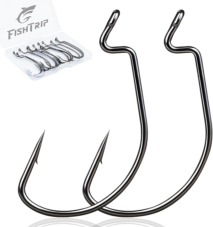 FishTrip 50/100/120pcs EWG Hooks for Bass Fishing Hooks, Extra Wide Gap Offset Worm Hook Texas Rig Fish Hooks for Bass Trout Freshwater Saltwater #4 #2 #1 1/0 2/0 3/0 4/0 5/0