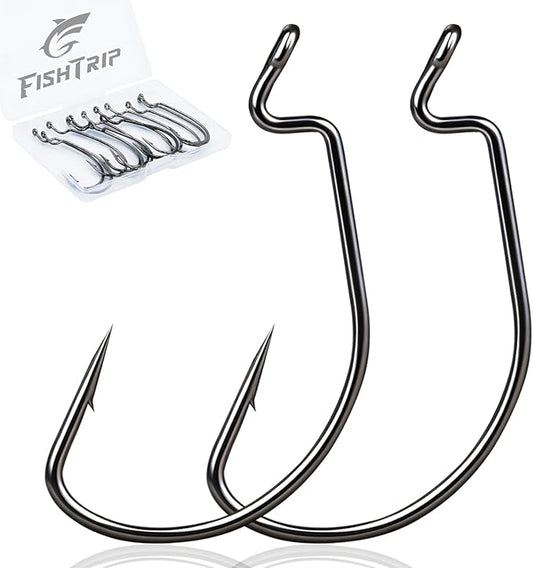FishTrip 50/100/120pcs EWG Hooks for Bass Fishing Hooks, Extra Wide Gap Offset Worm Hook Texas Rig Fish Hooks for Bass Trout Freshwater Saltwater #4 #2 #1 1/0 2/0 3/0 4/0 5/0