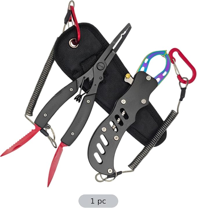 Fishing Multitool, 6.5 in, with Hook Remover Pliers, Aluminum Lip Gripper, Double Blade Cutter, Finish, Split Loop, Crimping Feature, Steel Lanyard, Oxford Bag