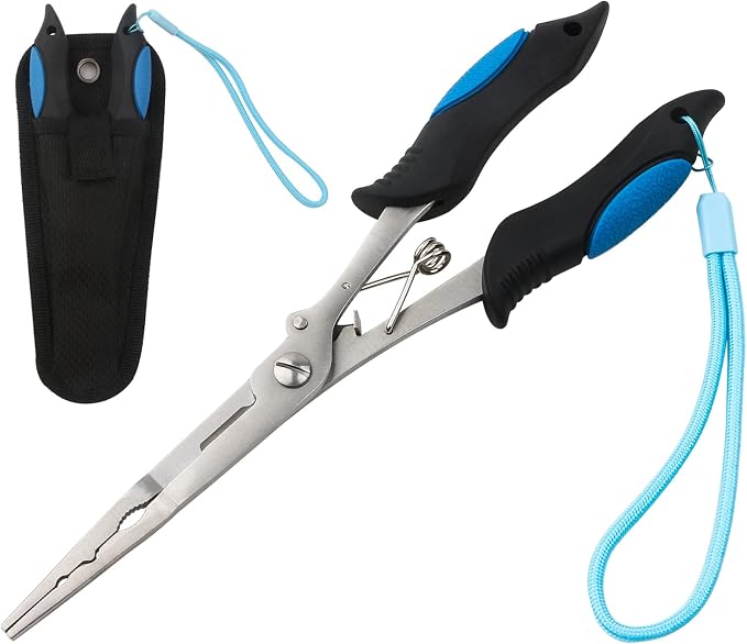 mouhike Fishing Pliers Long Nose Stainless Steel Fish Hook Remover Braid Cutters Split Ring Fish Pliers with Lanyard Fish Holder Ice Fly Fishing Gear Freshwater Saltwater Fishermen Gift