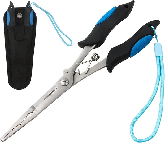 mouhike Fishing Pliers Long Nose Stainless Steel Fish Hook Remover Braid Cutters Split Ring Fish Pliers with Lanyard Fish Holder Ice Fly Fishing Gear Freshwater Saltwater Fishermen Gift