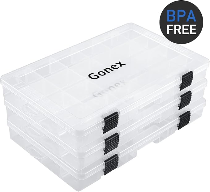 Gonex Fishing Tackle Boxes, 3600 3700 Tackle Trays with Adjustable Dividers, Clear Plastic Tackle Box Organizer Storage for Fishing Lure Bait Hook Jewelry Craft Beads Earring Container, 3 or 4 Packs