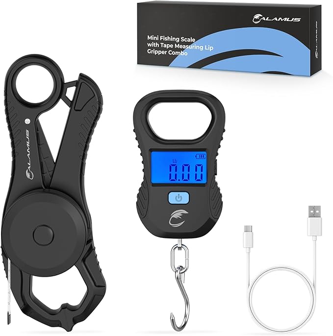Calamus Lightweight 2pc Fishing Tool Kit – Fish Scale & Lip Gripper, Rechargeable Digital Scale with USB Cable, Lip Gripper with Soft Retractable and Detachable Measuring Tape, Fishing Gifts for Men