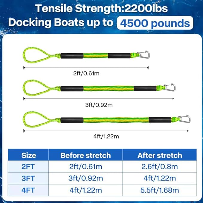 Bungee Dock Lines - Boat Accessories - 4 Feet Shock Cords Docking Rope Mooring Rope for PWC,Jet ski,Pontoon,Kayak,Canoe,Power Boat,Watercraft (Green-Yellow)