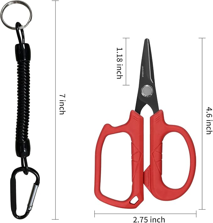 JARVISTAR 4.65" Fishing Scissors - Heavy Duty Line Cutter with Spring Clip Keychain, Dual Serrated Stainless Blades - Cuts Braided, Mono & Fluorocarbon Lines for Saltwater & Freshwater Red