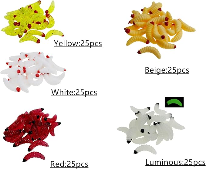 50pcs-1Inch Bass Fishing Worms Lures,Silicone Soft Maggot Baits Bread Worm Fishing Lure,5 Color