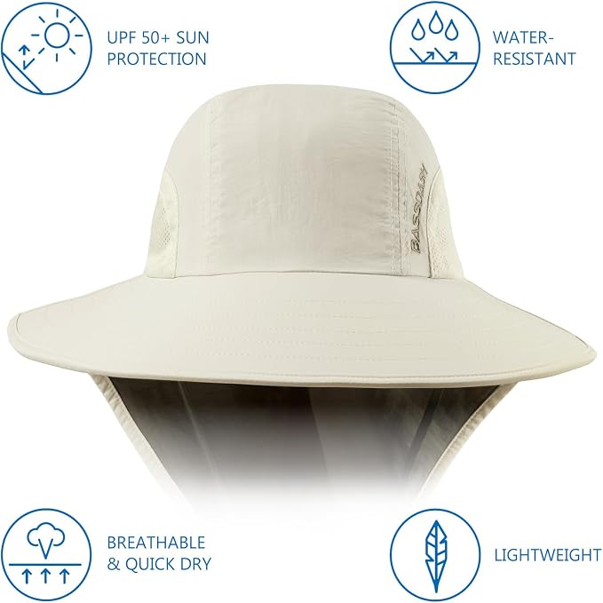 BASSDASH UPF 50+ Unisex Water Resistant Wide Brim Sun Hat with Large Neck Flap Ponytail Fishing Hat for Men Women