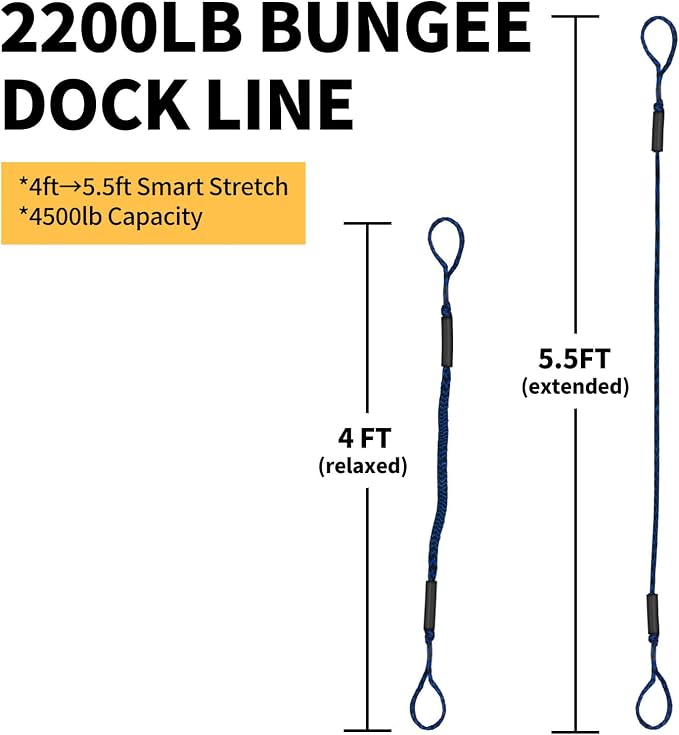 2-Pack Bungee Dock Lines for Boats with Loops, Boat Tie Downs for Docking, Adjustable Boat Mooring Rope for Pontoon, Jon Boat & PWC (Blue & Black Waves, 4 FT)