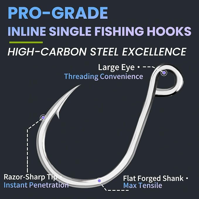 Inline Single Hooks 25Pcs Fishing in line Hooks for Treble Hook Replacement for Hard Lures Large Eye/Barbed Saltwater Freshwater