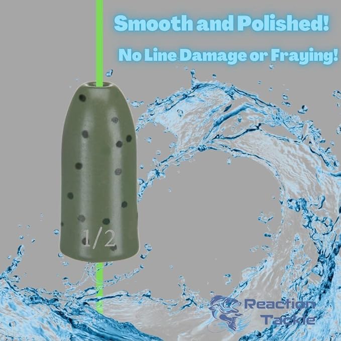 Reaction Tackle Tungsten Worm Weights for Bass Fishing - Bullet Shaped Sinkers/Fishing Weights - for Texas Rig and Carolina Rig/Size Stamped