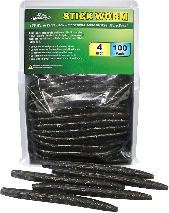 Wacky Worms Soft Plastic for Bass Fishing Lures–100 Pack 4" & 5" Stick Baits Wacky, Texas, Neko & Drop Shot Rigs–Bulk Soft Lure