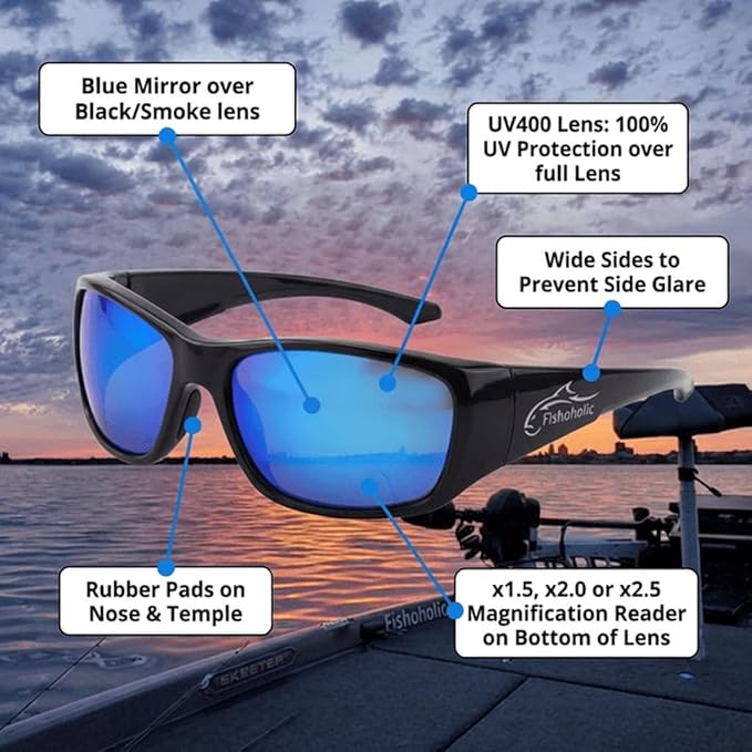 Fishoholic Polarized Bi-Focal Fishing Sunglasses with Reader Magnification (1.5x, 2.0x, 2.5x Options) and UV400 Protection