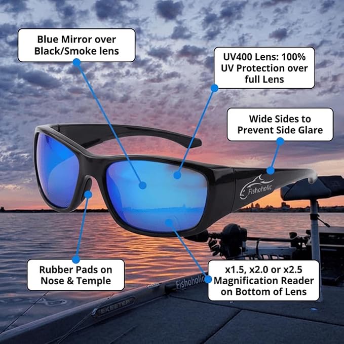 Fishoholic Polarized Bi-Focal Fishing Sunglasses with Reader Magnification (1.5x, 2.0x, 2.5x Options) and UV400 Protection
