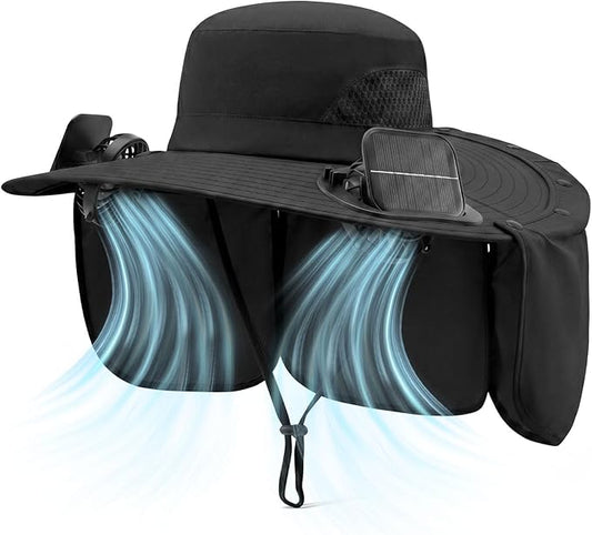 2 in 1 Wide Brim Sun Hat with 2 Solar Fans Sunshade UPF 50+ Garden Outdoor Fishing Beach Essential