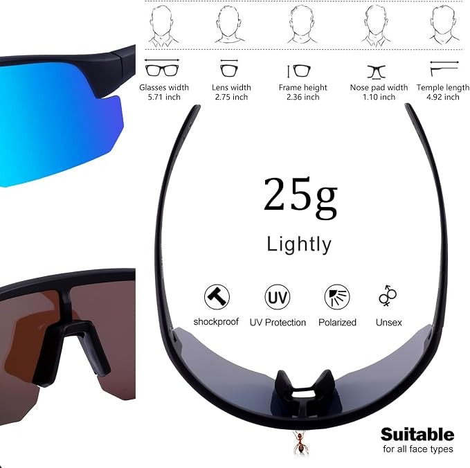 BangLong Lightweight Polarized Sports Sunglasses for Men Women, UV400 Protection Wrap-Around Sunglasses for Running Cycling