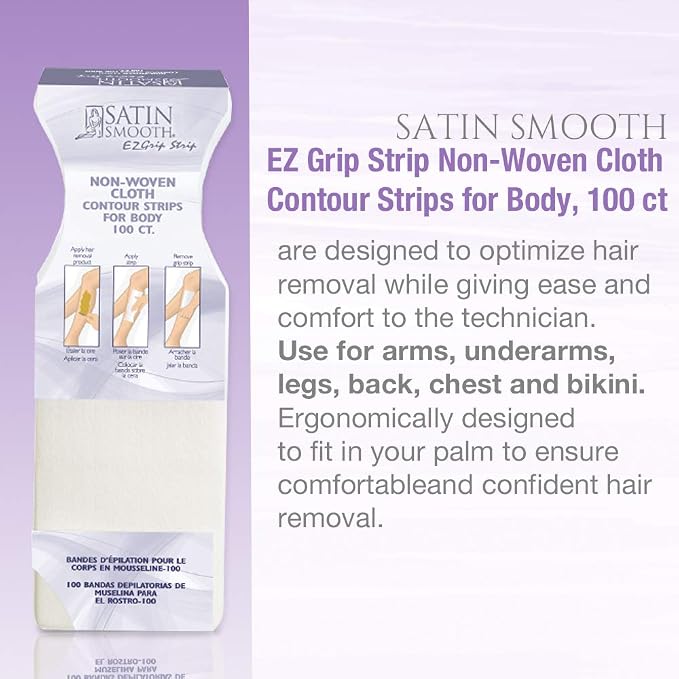 Satin Smooth Ez Grip Non-Woven Wax Strips for Face & Body – Contour Facial Wax Strips Hair Removal, Waxing Strip for Women, 100 Ct X 2 Packs