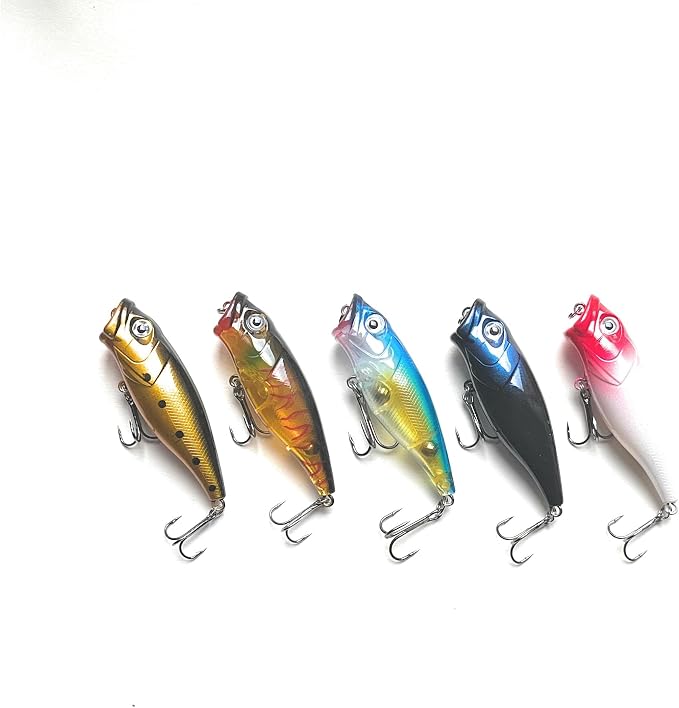 Topwater Popper Fishing Lures 5-Pack, 1/4 oz Hard Baits for Bass Trout Panfish, Vibrant Multi-Color Assortment with Premium Hooks, Topwater Fishing Lures for Freshwater River Lake Fishing