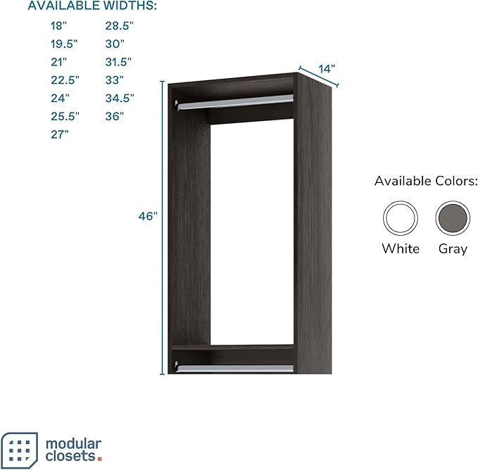 Double Hanging Closet Unit - Modular Corner Closet System - Grey, 28.5 inches Wide - Includes Shelves