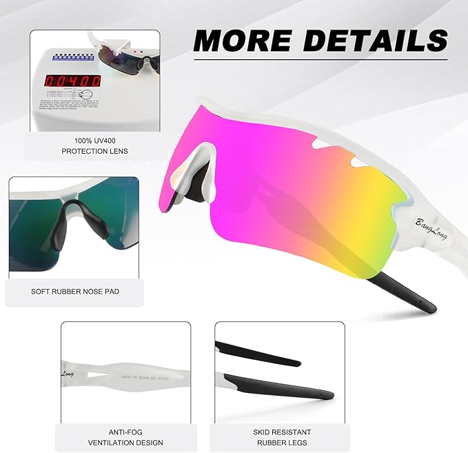 BangLong Polarized Cycling Sunglasses for Men Women, 26g Sports Sunglasses with 5 Lenses for Running Fishing Baseball Driving