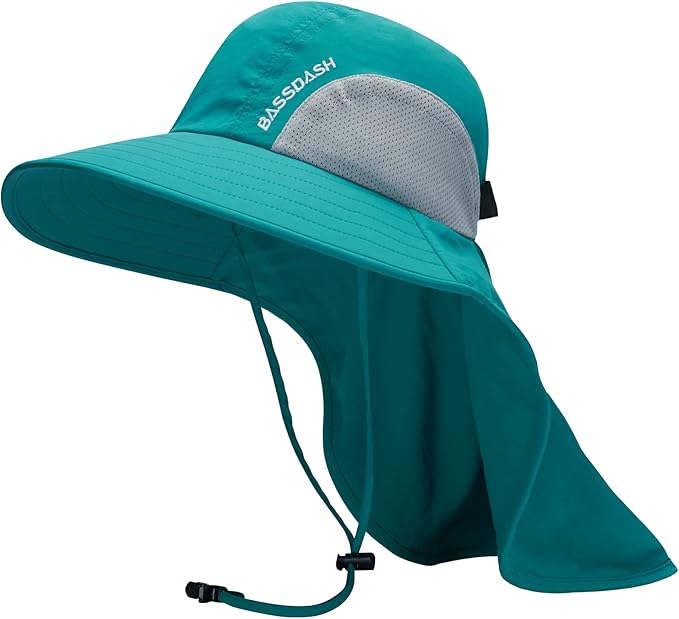 BASSDASH UPF 50+ Unisex Water Resistant Wide Brim Sun Hat with Large Neck Flap Ponytail Fishing Hat for Men Women