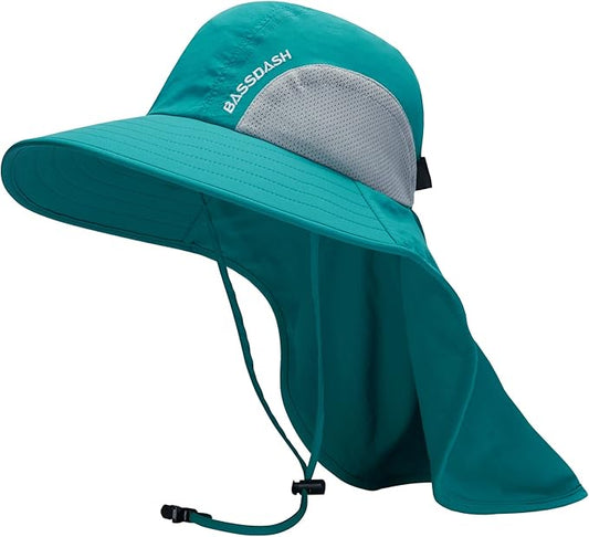 BASSDASH UPF 50+ Unisex Water Resistant Wide Brim Sun Hat with Large Neck Flap Ponytail Fishing Hat for Men Women