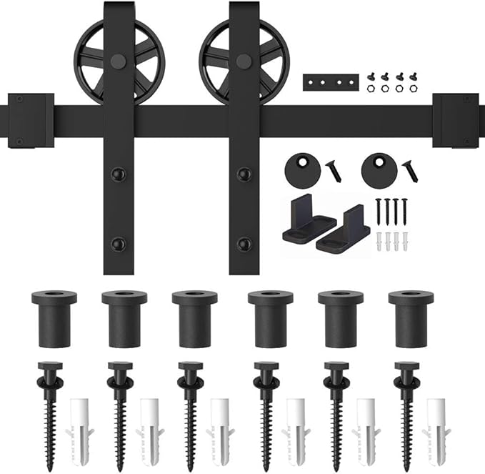 WINSOON 5-16FT Single Wood Sliding Barn Door Hardware Kit 8FT Basic Black Big Spoke Wheel Roller Garage Closet Carbon Steel Flat Track System (8FT)